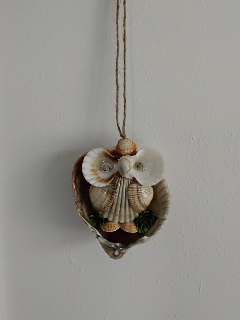Handmade Sea Shell Owl Perched in Lg. Clam Shell Hanging
